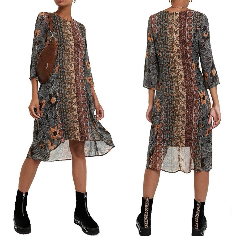 DESIGUAL Pisa Boho Dress Delhi Floral Feminine Hi Low Midi 3/4 Sleeve Medium EUC